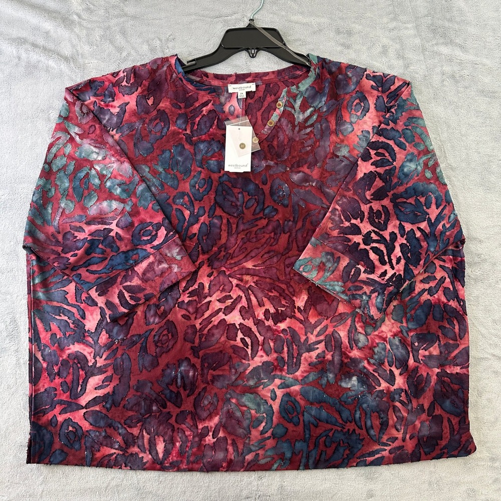 NWT Westbound Woman 2X Burnout Floral Henley Top Burgundy Teal 3/4 Sleeve